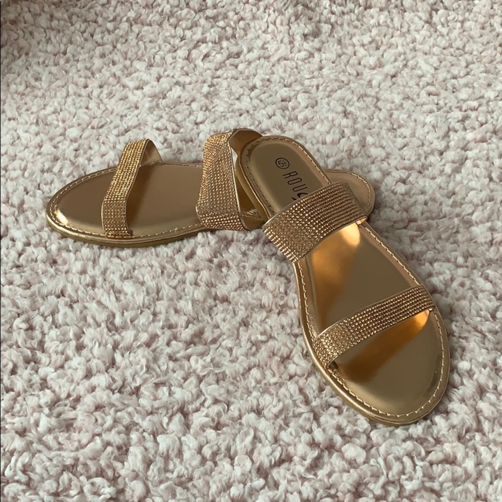 Rose gold sparkly rhinestone summer flat sandals